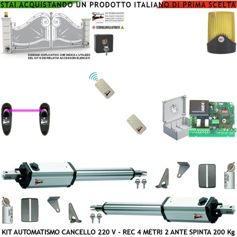 Cancello Automatico 4 MT 2 Ante Kit 2 Motori 230 V Stelo Retrattile 2 Radiocomandi Fotocellule Faro Selettore Cartello Monitore Centrale Riprogrammabile Luce di Cortesia Apertura Condominiale Pedonale (1/4)