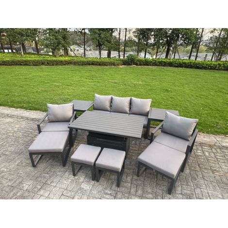 Fimous Aluminium Garden Furniture Sets 9 Seater Outdoor Sofa Set with Adjustable Rising Lifting Dining Table 2 Chairs 4 Footstools 2 Side Tables (1/5)