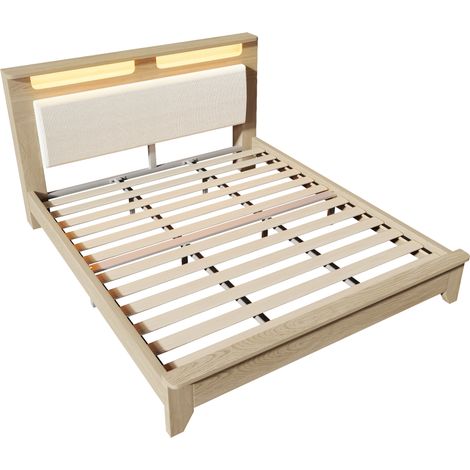 Cama doble 180 x 200 cm de madera, cabecero con almacenaje y LED, beige (1/5)
