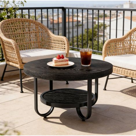 Table basse ronde à 2 niveaux 79,8 cm en MDF et métal, noire, avec plateau inférieur REDOM (1/5)