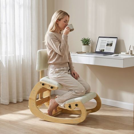 Fauteuil à bascule ergonomique à genoux avec dossier, en lin crème (1/5)