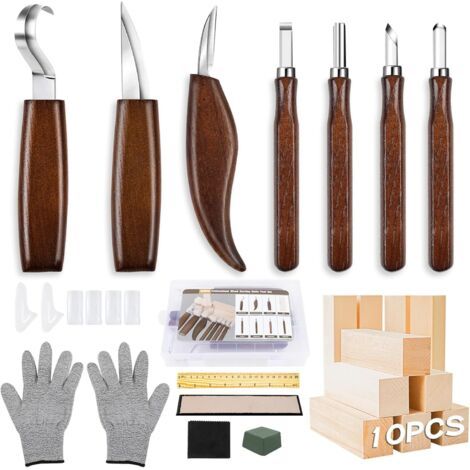 Ciseaux à Bois, 23 in 1 Outils Sculpture Sur Bois Outils De Sculpture, Professionnel/Junior Set de Sculpture DIY avec Gants anti-coupure, Pierres à Aiguiller (Brun) (1/5)