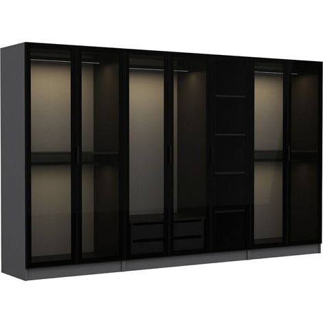 Armario Grande Prunetto, Guarda Ropa Dormitorio, 7 Estantes, 7 Puertas, 315x210h cm Antracita Negro