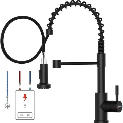 Robinet de cuisine basse pression noir, tuyaux chauds et froids, robinet rotatif à 360° pour cuisine avec douchette extensible 2 modes, robinet de cuisine de printemps avec 3 (1/5)
