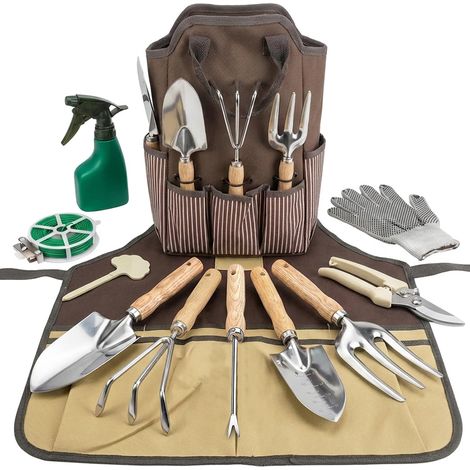 Ensemble de 12 outils de jardin en acier inoxydable - Kit d'outils robuste avec grand sac de jardin et tablier - Conception ergonomique - Convient pour le jardinage et les travaux extérieurs (1/5)