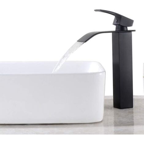 Schwarzer Wasserfall-Wasserhahn mit hohem Auslauf, Einhebelmischer für hohes Waschbecken, Einloch-Armatur für Waschtische mit Einzelhebel aus Kupfer, Mischbatterie für Badezimmer