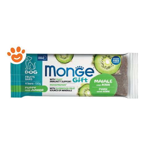 Monge Dog Gift Fruits Bars Puppy & Junior Maiale con Kiwi + OMAGGIO - Monge Dog Gift Fruits Bars Puppy & Junior Maiale con Kiwi + OMAGGIO - Confezione Da 100 Gr + OMAGGIO Monge GIFT