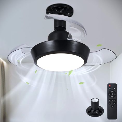 Ventilador de techo pequeño con luz y mando a distancia, lámpara de pie negra E27 con 3 aspas retráctiles, bombilla LED de 30W/1400LM (1/4)