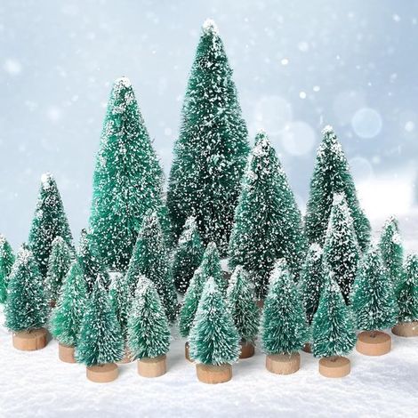 Lot de 24 mini sapins de Noël artificiels de table - Avec base en bois et neige givrée - Décoration de Noël (1/5)