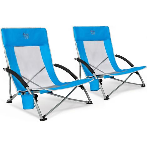 Chaise de Plage Pliable Ultralégère Charge 150kg Chaise Portable Fauteuil de Camping Bas Dossier Haut en Maille avec Sac de Transport Bleu (1/5)