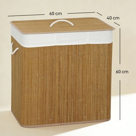 Panier de rangement en bambou avec couvercle, 3 bacs, 144 litres, anses en corde, housse lavable amovible pour linge sale (1/5)