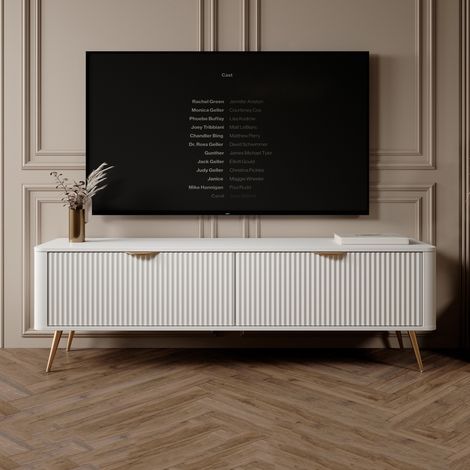 Fernsehtisch Kalase, 2 Regale, 2 Türen, geriffelte Front, mit Füßen, 163x38x51h cm Weiß (1/5)