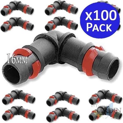 100 Stück 16 mm Tropfbogen mit Sicherheitsring. Anschluss für Tropfrohrdurchmesser 16 mm.  schwarze Farbe