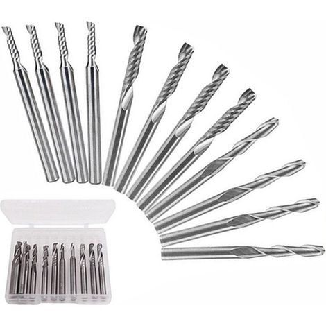 Lot de 12 fraises à bout en carbure, 4 fraises à double cannelure 1/8"  + 8 fraises à simple tranchant 1 cannelure (2 types) pour nylon, résine, ABS, acrylique, PVC, MDF, bois dur (1/5)