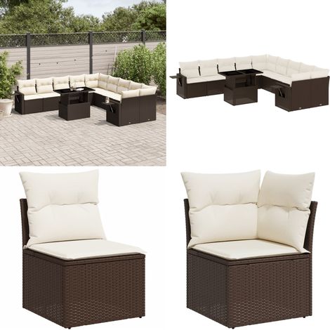 11-tlg. Garten-Sofagarnitur mit Kissen Braun Poly Rattan - Gartenmöbel Set - Esszimmergarnitur - Lounge Möbel - Outdoor Möbel - Rattan Gartenmöbel - Home & Living (1/5)