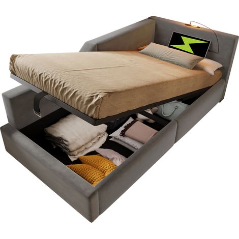 Lit Banquette 90x200 cm en Velours, Lit Simple avec Coffre, USB-C et Lampe de Lecture, sans Matelas, Gris (1/5)