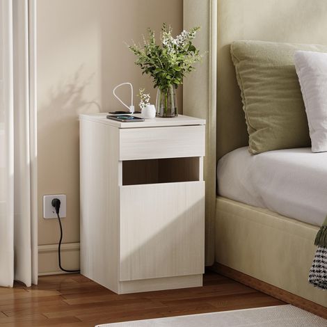 Table de chevet avec fonction de chargement, meuble de chambre avec ports USB et prises électriques, 33 x 40 x 61,5 cm, aspect bois clair, poubelle incluse