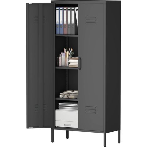 Armoire de rangement métallique haute à 2 portes, 3 étagères réglables, pieds antidérapants, fermeture magnétique, noire  CHICFURN (1/5)