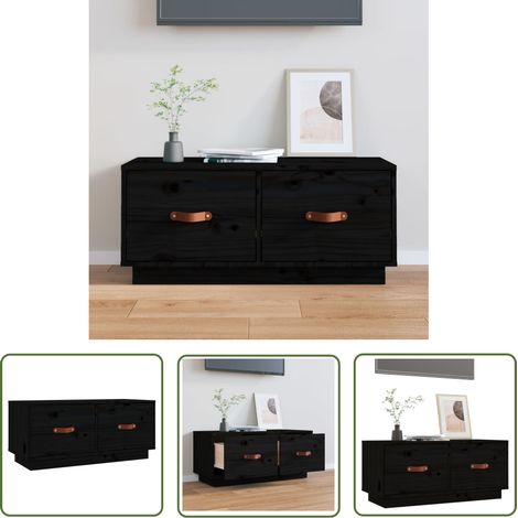 The Living Store Meuble TV Noir 80x34x35 cm Bois de pin massif - Meubles Tv - Meuble Tv Noir - Meuble Tv Bois - Meuble Tv Design - Meuble Tv Rangement (1/5)