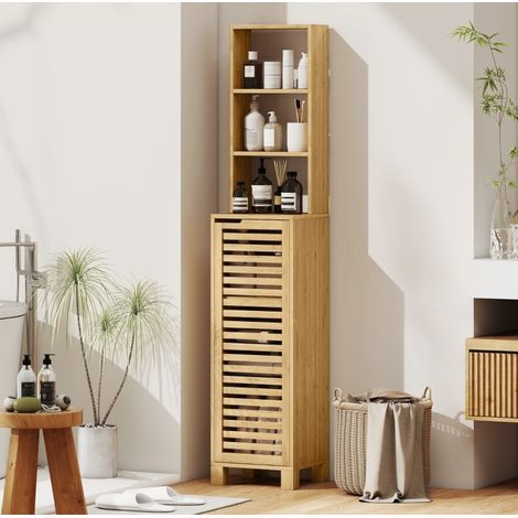 Mueble alto de baño 34 x 30 x 170 cm, 3 estantes abiertos, bambú natural HAVRYA (1/3)