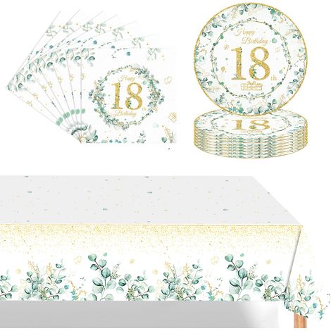 37 Pièces Eucalyptus Assiette Vaisselle Jetable Anniversaire Kit,Vert Sauge Decoration Anniversaire Vaisselle 18 Ans Garçon Fille,Nappe Papier Assiette Serviette pour Decoration Anniversaire 18 Ans (1/4)