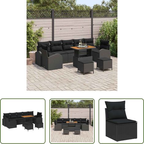 Mobilier extérieur - Ensemble de canapé de jardin avec coussin 10 pcs Noir polyrotin (1/5)