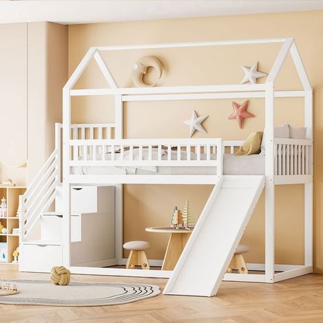 Lit mezzanine 90x200cm escalier de rangement - lit cabane enfant - Sommier, Barrières de Sécurité, Blanc
