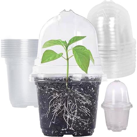 10 Anzuchttöpfe mit Abdeckung – Transparenter Kunststoff – Kontrollierte Luftfeuchtigkeit – Für Sämlinge und Stecklinge – Indoor-Garten und Gewächshaus – 9 cm (1/5)