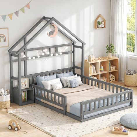 Lit maison 140x200 avec chevet, pin massif gris OKMYHOME (1/5)