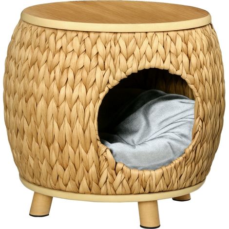 Niche pour chat en jacinthe d'eau avec coussin lavable - 44 x 43 x 42 cm, naturel et gris (1/5)