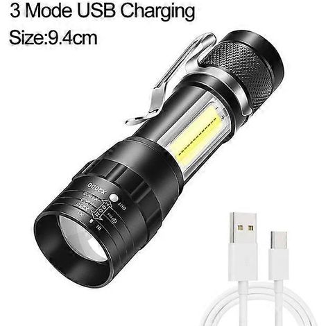 Mini lampe torche LED portable, 3 modes, rechargeable USB, zoom, lumière puissante, idéale pour le camping en extérieur, lampe COB étanche, style B (1/5)