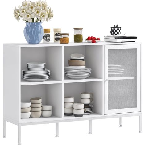 Buffet Meuble de Rangement 4 Compartiments Ouverts et 1 Placard avec Porte en Acier grillagé, étagère réglable 120 cm Blanc (1/5)