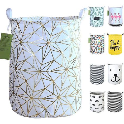 Panier à linge pliable, grand panier de rangement rond en toile imperméable. (Étoiles dorées) (1/4)