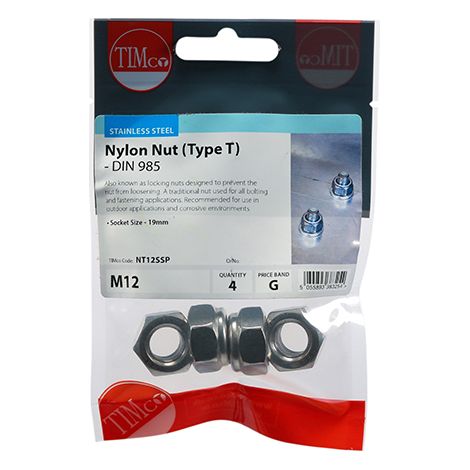 TIMCO Nylon Insert Nuts Type T DIN985 A2 Stainless Steel - M12