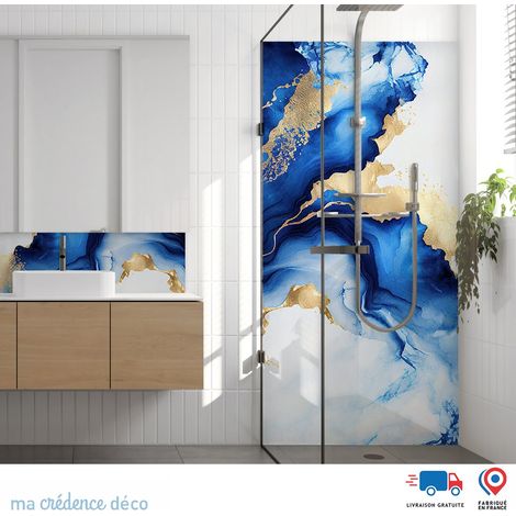 Panneau de douche : Aquarelle graphique bleu profond et or 1 - Alu composite - 90 - 245 (1/3)