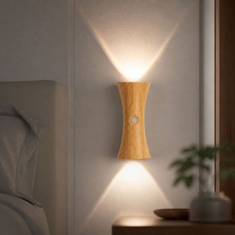 Applique murale LED à détection de mouvement, sans fil, rechargeable USB-C, 3 températures de couleur, base magnétique, bois clair (1/5)