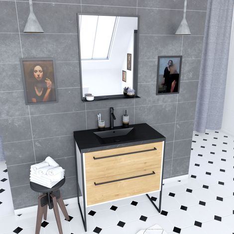 Mobile bagno 80x50 cm + 2 cassetti rovere naturale + lavabo nero pietra + specchio nero