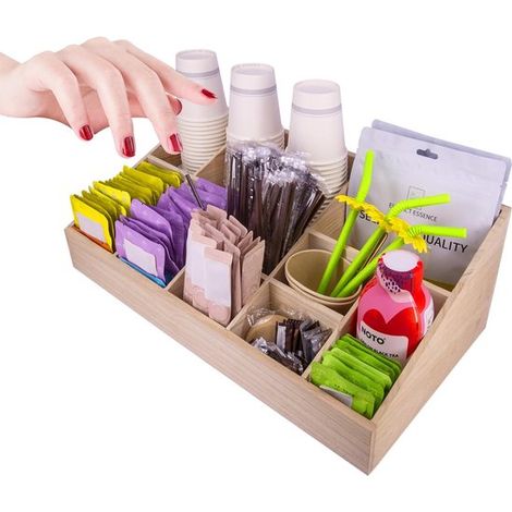 Boîte de rangement - Boîte à thé - 11 compartiments - Organiseur de bureau - Organiseur à sachets de thé - Organiseur de cuisine - Bois beige (1/5)