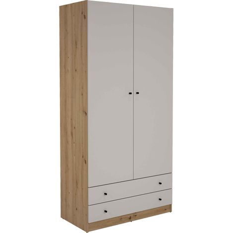 Placard armoire meuble de rangement de 2 portes et 2 tiroirs coloris Chêne/gris - Hauteur 205 x Longueur 100 x Profondeur 51 cm (1/4)