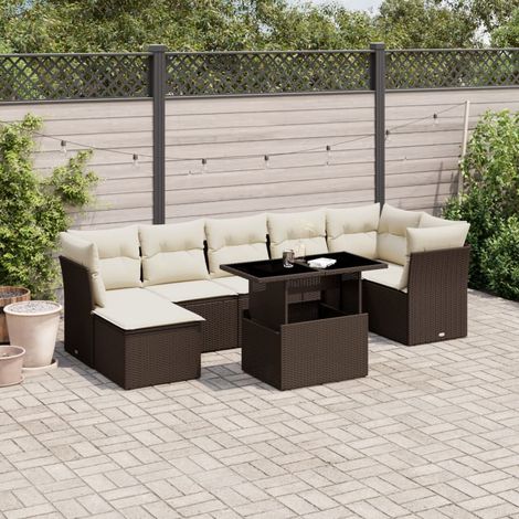 8-Pièces Salon de Jardin en Résine Tressée Marron avec Coussins Blancs, Table Réglable Hauteur et Sièges Confortables (1/4)