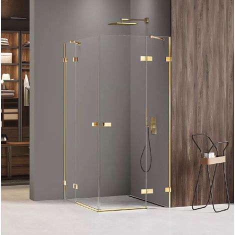 Cabine de douche 90x110cm 2 portes pivotantes,MIAMI GOLD, doré,acces d'angle (1/5)