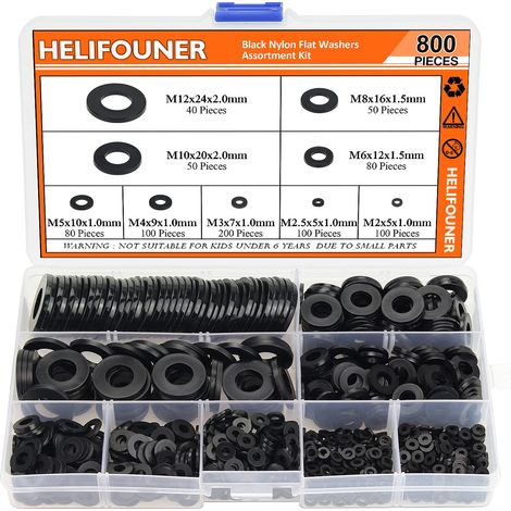 800-teiliges Sortiment schwarzer Unterlegscheiben aus Nylon – 9 Größen – M2 M2,5 M3 M4 M5 M6 M8 M10 M12