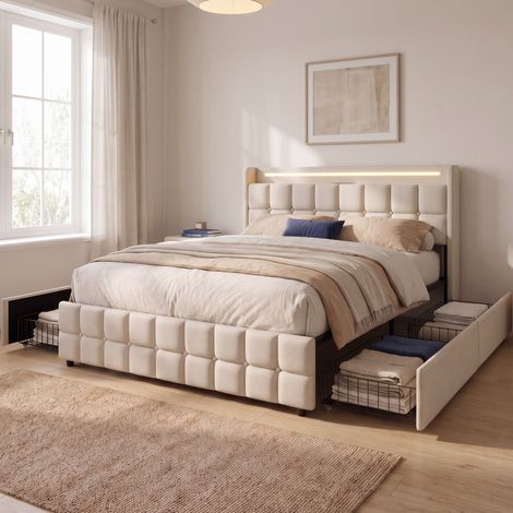 Lit avec 4 tiroirs 180x200 cm, King size, Lit double adulte avec LED, tête de lit avec rangement, moderne, tissu en lin, Beige (1/5)