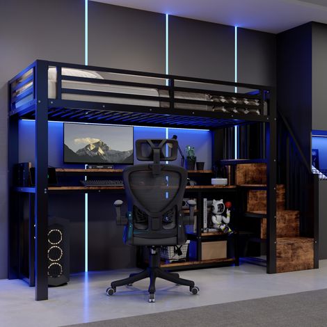 Lit mezzanine enfant 90x200cm avec escalier-meuble, Lit surélevé avec compartiment de rangement, ports USB et USB-C, éclairage LED, cadre métal, noir (1/5)