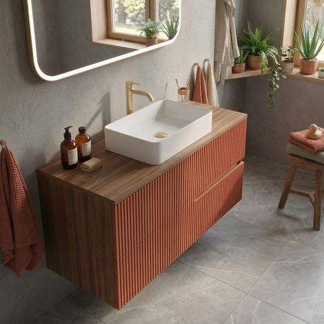 Meuble vasque à poser L.100cm suspendu Chêne Moka 2 tiroirs Brique cannelé EVA - sans colonne (1/5)