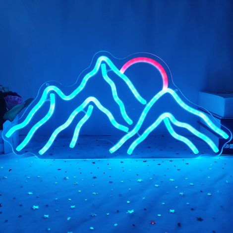 Éclairage néon LED 43 x 20 cm, motif lever de soleil, coucher de soleil, montagne, pour chambre, salon, hôtel (bleu) (1/4)