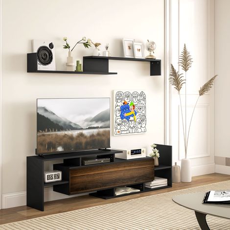 Noir et marron - Armoire TV avec étagère murale, étagères ouvertes et placard en bois, meuble TV moderne pour le salon et la chambre