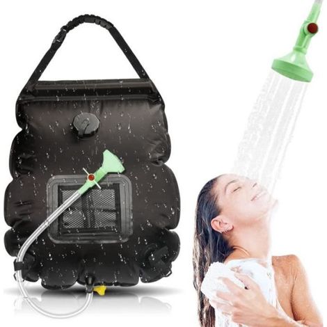 1 Douche solaire 20 L, PVC noir, tuyau amovible, eau chaude, jardin piscine camping (1/4)