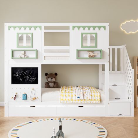 Lit superposé enfant avec panneau perforé + 5 crochets en bois, 2 tiroirs, escalier rangement, pin + MDF + contreplaqué, blanc et vert, 90x200 cm (1/5)