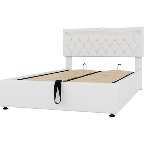 Cama con arcón 140 x 200 cm de lino blanco con LED ambiental, USB y USB-C, elevación hidráulica (1/5)
